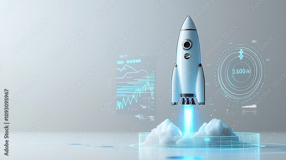 Fototapete Futuristic 3D rendered glowing blue rocket blasting off from launch pad with bold graph visualizing progress data on a clean white background representing technology innovation and growth