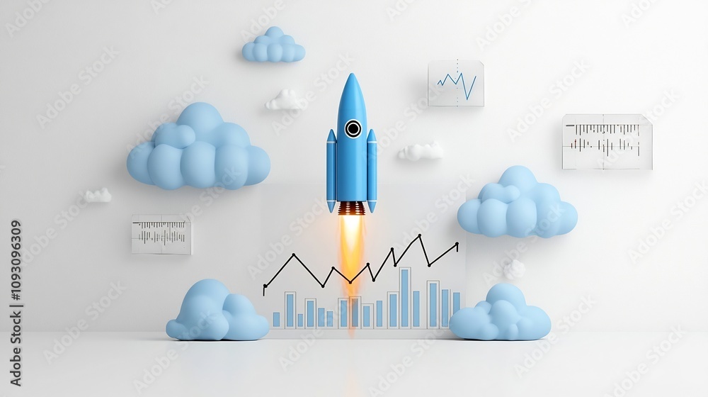 Aufkleber Striking image of a blue rocket ascending with a bright glow surrounded by radiant clouds and a bold rising graph showcasing growth and progress on a clean white canvas background