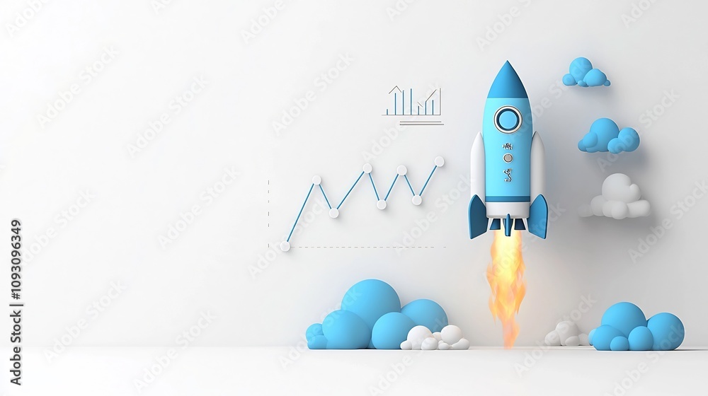 Poster Digitally rendered 3D rocket glowing in vibrant blue hues as it blasts off into the sky accompanied by dynamic clouds and a success driven graph line showcasing innovation progress and breakthrough