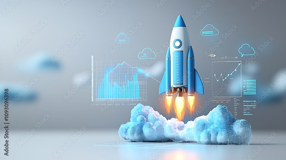 Aufkleber powerful 3d rocket glowing in captivating blue hues lifts off surrounded by vibrant clouds and a suc