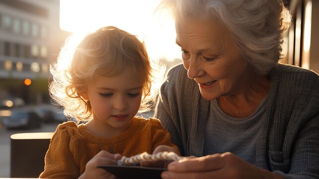 A grandmother teaching her grandchild how to knit on a sunny porch