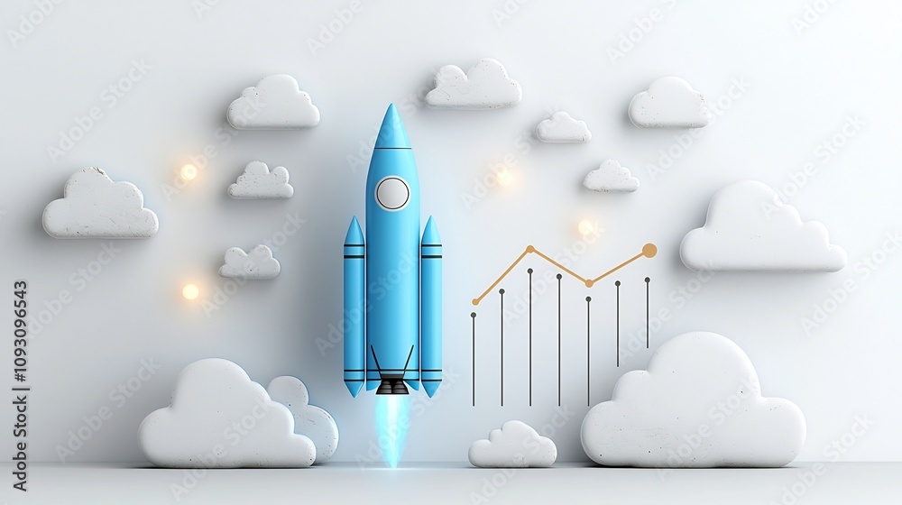 Aufkleber Luminous blue rocket surrounded by glowing clouds and an upward chart line representing financial or business progress on a minimal white backdrop symbolizing innovation growth and success