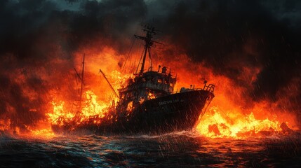 Obraz premium Burning ship engulfed in flames amidst a stormy sea at night.