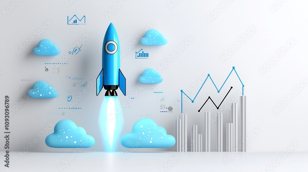 Aufkleber Glowing blue rocket taking off with luminous clouds and a rising chart symbolizing success and innovation on a modern white background representing the power of technology business growth
