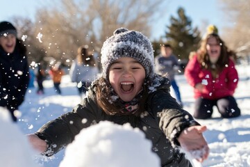 A young child enthusiastically plays in fresh snow, expressing pure joy and excitement while engaging in a playful snowball fight on a sunny winter day.