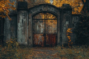 Fototapeta premium Rusted Gate in Autumnal Woodland Setting