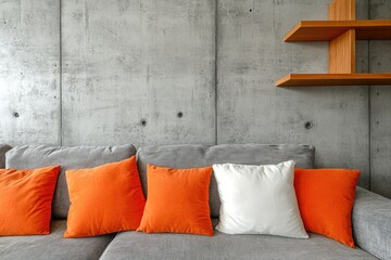 Scandinavian Loft Living: Modern Grey Sofa with Orange and White Pillows, Concrete Wall Shelving