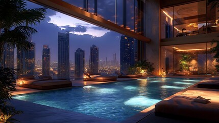 Fototapeta premium An opulent hotel poolside at dusk, water reflecting the city’s bright skyline, pool edges softly illuminated, comfortable lounge chairs with plush cushions, tranquil and luxurious atmosphere,