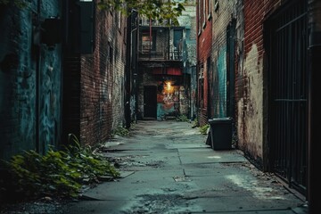 Fototapeta premium Dark Urban Alleyway Brick Walls Graffiti Trash Can
