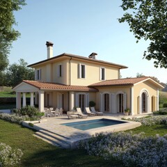 Beautiful Villa With a Serene Pool and Lush Garden in the Countryside Basking in Warm Sunlight During a Clear Afternoon
