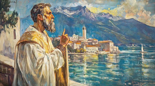 St. Clement of Ohrid Serene moment by the sea with saintly figure in italian landscape