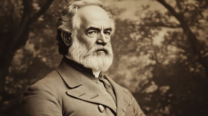 Robert E. Lee Day Historical portrait of bearded man in vintage attire amidst forest backdrop