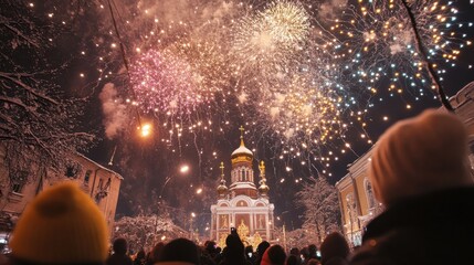 Orthodox New Year Winter fireworks celebration over snowy cityscape with cathedral