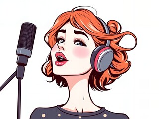 cartoon girl with headphones singing into a microphone.