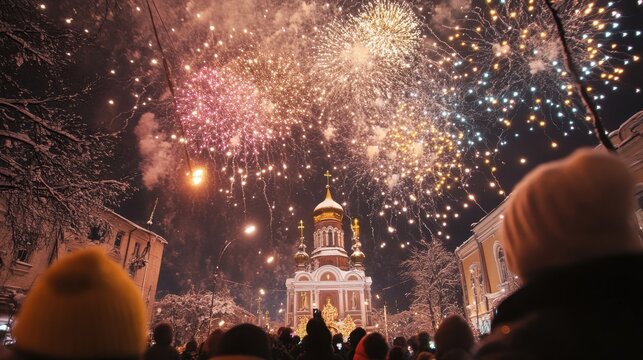Orthodox New Year Winter fireworks celebration over snowy cityscape with cathedral