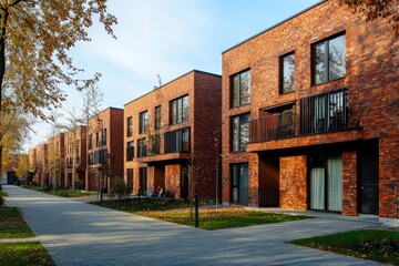 Fototapeta premium Contemporary Townhomes on Urban Street. Brick Facades with Large Windows in Residential Neighborhood