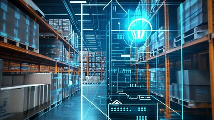 Smart Warehouse: A futuristic vision of a modern warehouse, enhanced by digital technology, showcasing the integration of AI and automation for efficient logistics and supply chain management. - Powered by Adobe