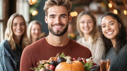 Fototapeta premium Gathering friends for thanksgiving celebration cozy cafe lifestyle photo warm atmosphere joyful spirit community bonding