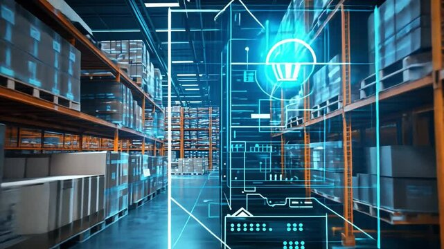 Smart Warehouse: A futuristic vision of a modern warehouse, enhanced by digital technology, showcasing the integration of AI and automation for efficient logistics and supply chain management.