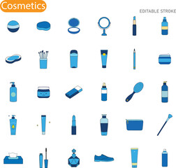 Blue Cosmetic Icons Makeup, Skincare, and Beauty Products Set