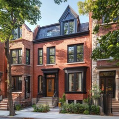 Obraz premium Victorian Row Houses on City Street. Residential Architecture with Brick Cladding in Autumn Setting