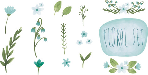 Watercolor Flowers and leaves set, floral watercolor illustration for greeting card, invitation, printing and design. Set watercolor of wild flowers, leaves and grass. Collection botanic garden