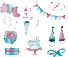 Hand drawn clip art set of birthday party with cake, balloons, candles, flags garland, watercolor illustrations, blue and pink birthday party clip art, birthday essentials, birthday design elements
