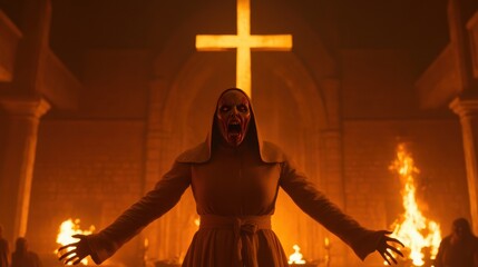 Fototapeta premium Chilling horror scene sinister figure in dark setting, clad in monastic robe with an exaggerated, terror-filled expression.