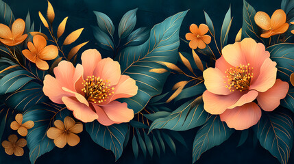 A detailed art deco-style interpretation of spring, with geometric floral motifs, bold lines, and a vibrant yet sophisticated palette of emerald green, gold, and soft pink.