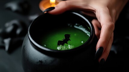 Close-up of bubbling black cauldron filled with vibrant green potion, adorned with whimsical bat silhouette. hand with long dark nails adds an eerie elegance.