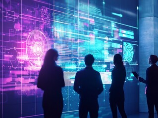 Glowing Digital Timeline Projected on Wall for Collaborative Business Teamwork to Meet Deadlines and Achieve Goals
