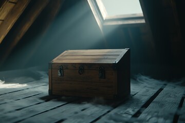 Obraz premium A dusty attic with a wooden treasure chest illuminated by soft sunlight.
