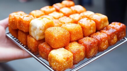 Close-up of metal tray brimming with golden-brown sweet treats, featuring textured square desserts. glistening with sugary glaze, these snacks shine in vibrant outdoor setting.