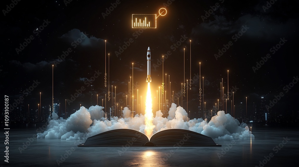 Fototapete Luminous rockets shooting up from an open book surrounded by lively clouds and a progress graph glowing brightly above on a black backdrop  Symbolizing the power of ideas innovation