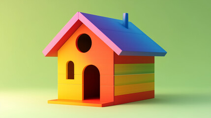 Naklejka premium Create a 3D rendering of a small rainbow house model.