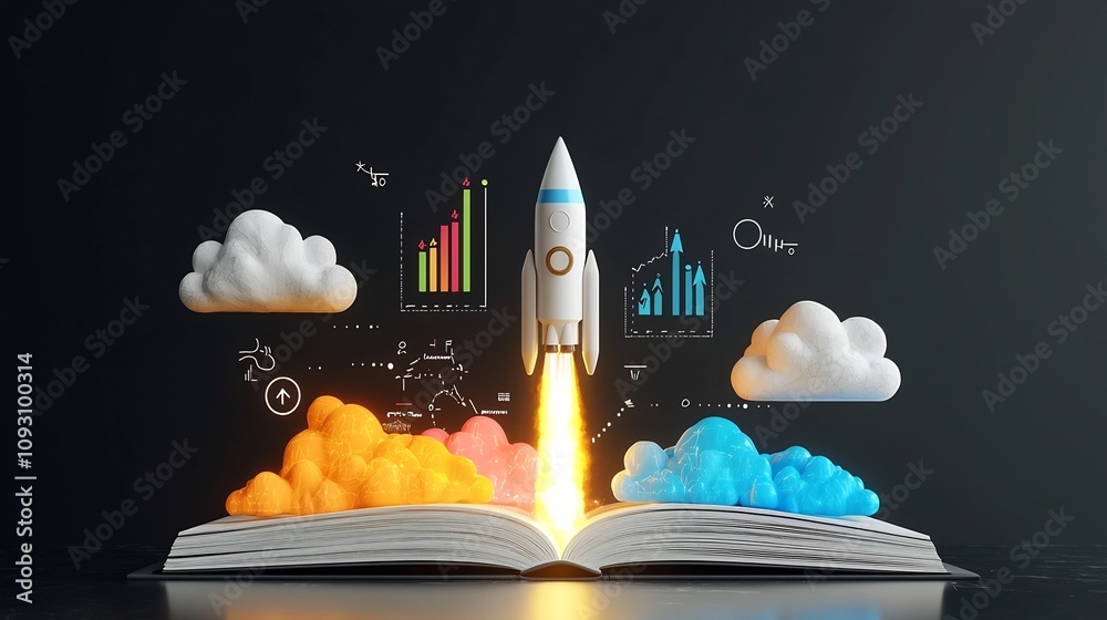 Fototapete Rockets glowing with radiant energy lifting off from an open book surrounded by colorful clouds and a progress graph illuminating a sleek black background symbolizing the power of knowledge