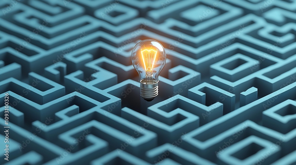 Aufkleber Intricate glowing maze pattern with a radiant light bulb at the exit symbolizing progressive ideas and innovative solutions on a minimalist blue and white background