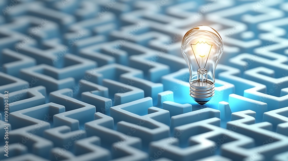Poster Intricate glowing maze like pattern with intricate paths leading to a bright light bulb at the exit set against a blue and white background symbolizing innovative solutions and creative thinking