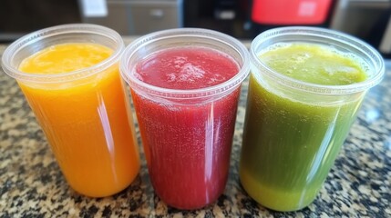 National Fresh Squeezed Juice Week Fresh colorful juice selection on granite counter for healthy beverage inspiration