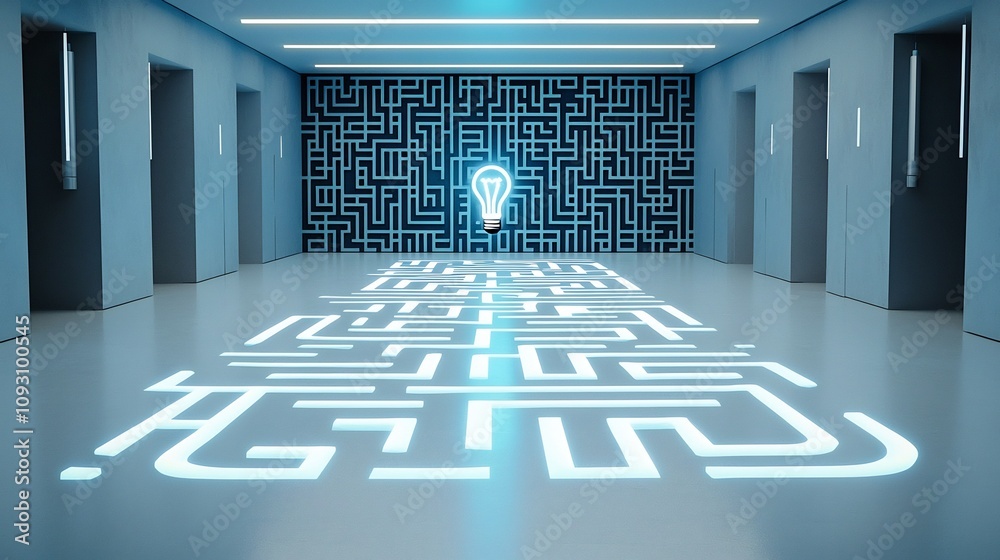 Poster intricate glowing maze pattern with luminous light bulb at the end set against a sleek modern blue a