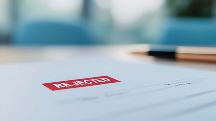 Fototapeta premium Business document with prominent red REJECTED mark, symbolizing disappointment and rejection in professional setting. blurred background adds focus