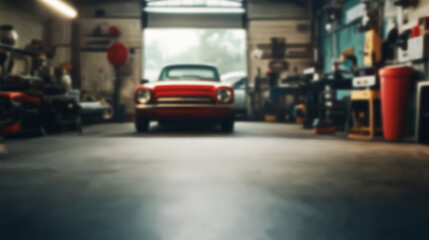 Car Repair Shop – Blurred Perspective of Automotive Garage Interior, Industrial Workshop Ambiance