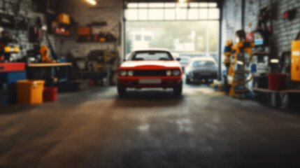 Fototapeta premium Car Repair Shop – Blurred Perspective of Automotive Garage Interior, Industrial Workshop Ambiance