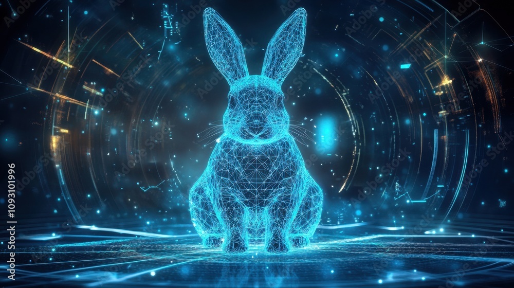 Poster futuristic abstract representation of a rabbit in a digital environment with glowing lines and circl
