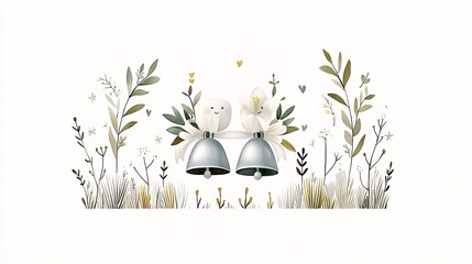 Soft and elegant watercolor design featuring a pair of silver wedding bells decorated with delicate white lilies green leaves and a white ribbon creating a festive and romantic mood for a wedding