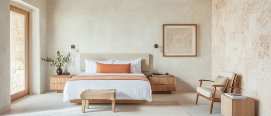 Modern bedroom design with warm tones and natural materials for a cozy atmosphere.