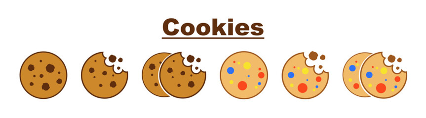 Round cookies with chocolate drops set. Bitten chip cookies icon set. Vector illustration