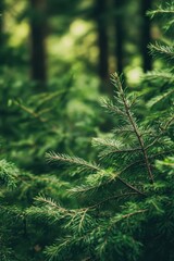 Fototapeta premium Look for an Evergreen Day Lush green forest with pine branches in natural sunlight