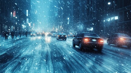 City street at night during heavy snowfall, cars driving through blizzard.