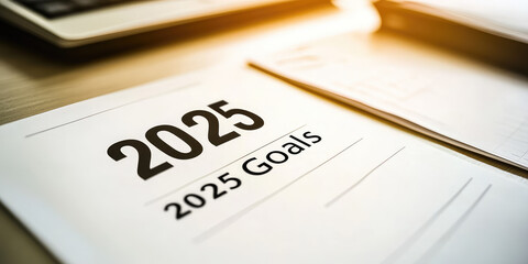 Desk with a sheet of paper titled  2025 Goals 